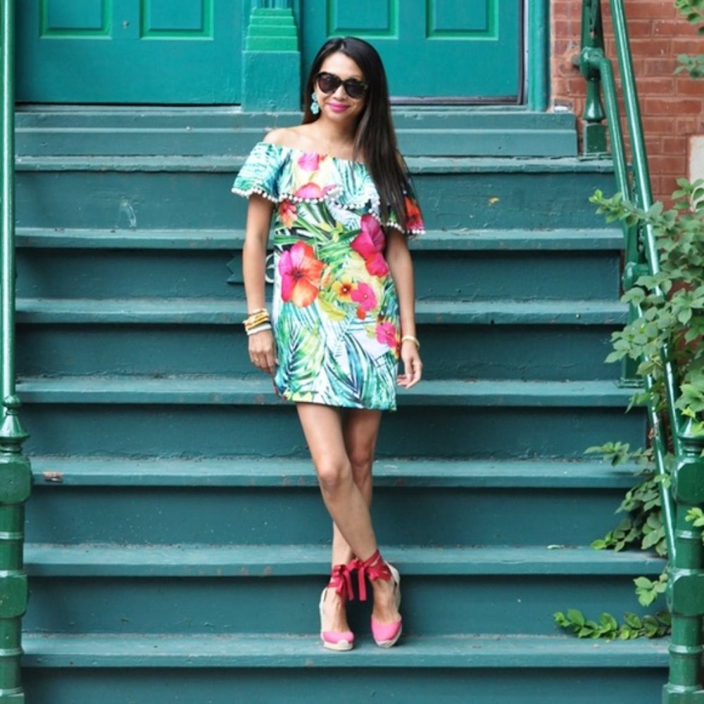 SALE-Tropical Pom Pom Off Shoulder Dress(DR 03)